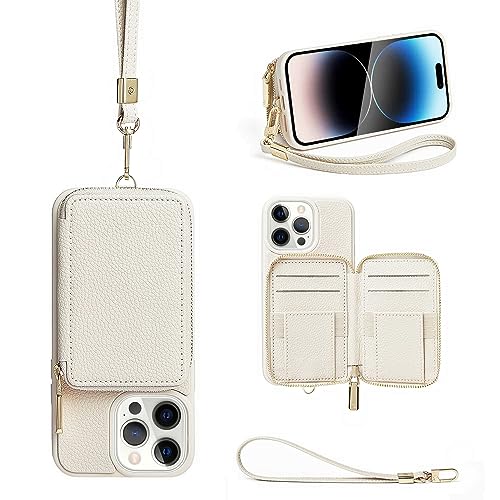 ZVE iPhone 12 Pro Max Wallet Case with Card Holder, Zipper Phone Case with Wrist Strap for Women, RFID Blocking Purse Leather Cover for iPhone 12 Pro Max, 6.7' - Beige