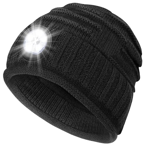 Mens Gifts Beanie Hat with Light: Stocking Stuffers Women Men Rechargeable Cap LED Flashlight Winter Hats Gift Ideas for Dad Black