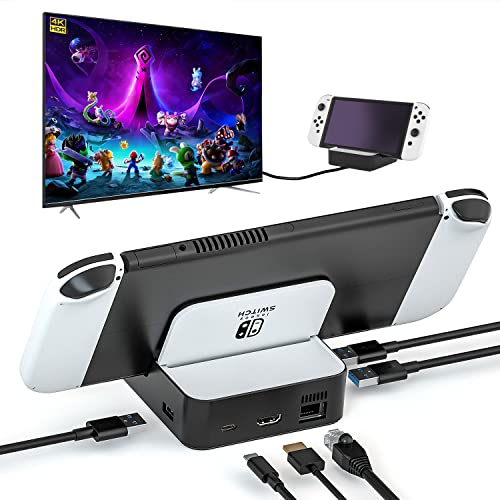 TV Docking Station for Nintendo Switch/Nintendo Switch OLED Model, 6-in-1 Switch Dock with HDMI 2.0, 100Mbps Ethernet, 2 USB-A 2.0, 1 USB 3.0,100W USB-C Charging Port, Supports YouTube On TV