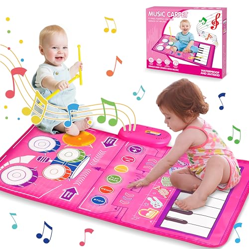 1 2 3 Year Old Girl Birthday Gift Toys, 2 in 1 Musical Toys for Toddlers 1-3 Piano Keyboard & Drum Mat with 2 Drum Sticks Toddler Toys Age 1-2, Baby Toys for 1 Year Old Toys for 2 Year Old Girl