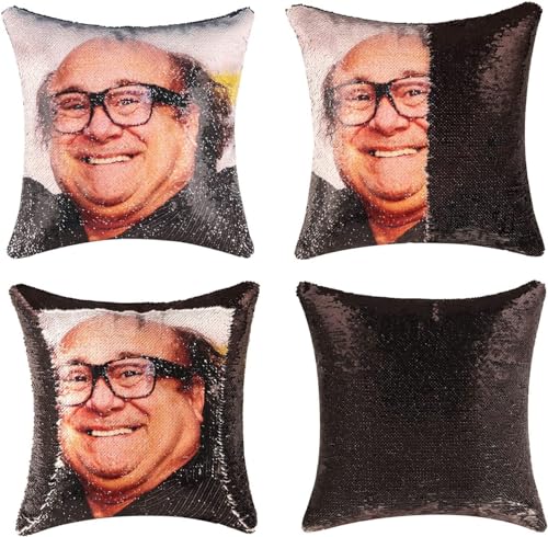 meachin Danny Devito Sequin Throw Pillow Cover Magic Reversible 16x16 InchesFunny Glitter Pillow Case Decorative Cushion Cover for Sofa