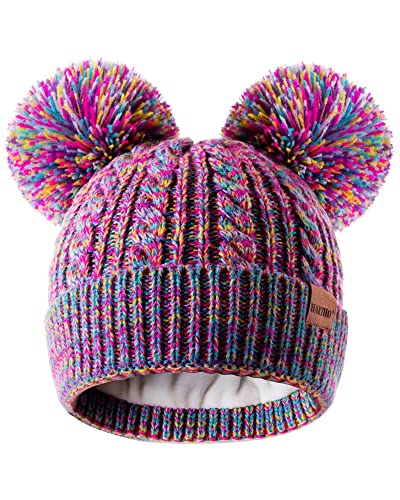 Winter Hat for Kids Toddler Children, Beanie with Double Pom Pom Warm Thick Thermal Fleece Lined, Girls Accessories Cute Knit Cap for Cold Weather(Rainbow)