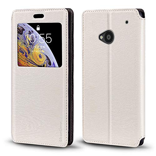 HTC One M7 Case, Wood Grain Leather Case with Card Holder and Window, Magnetic Flip Cover for HTC One