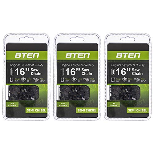 8TEN Chainsaw Chain 16 inch .050 .375 55 Drive Links for Stihl MS 180 91VXL055G 91PXL055G 3636 005 0055 3 Pack