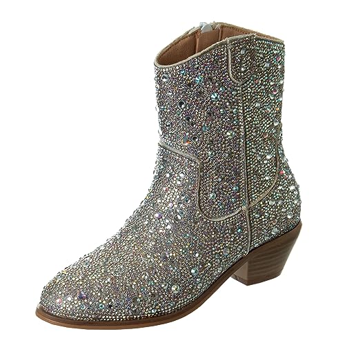 Badgley Mischka Girls Dress Cowgirl Boots Rhinestone - Kids Party Heel Pumps Slip On Cowboy Boot - Silver (size 2 Big Kid)