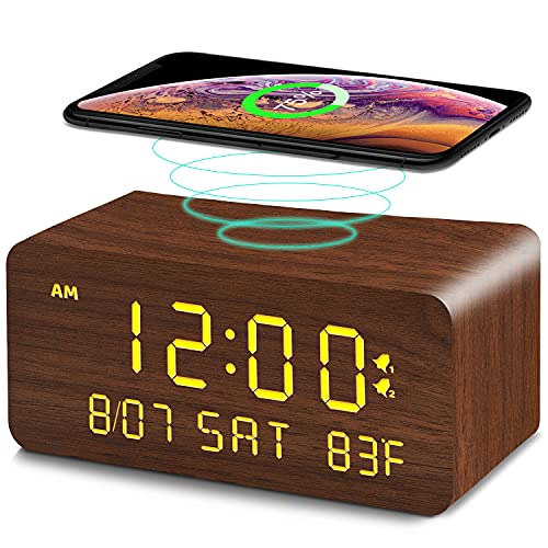 Andoolex Wooden Digital Alarm Clock with Wireless Charging, 0-100% Adjustable Brightness Dimmer and Alarm Volume, Weekday/Weekend Mode, Dual Alarm, Snooze, 12/24H, Wood LED Clock for Bedroom (Brown)