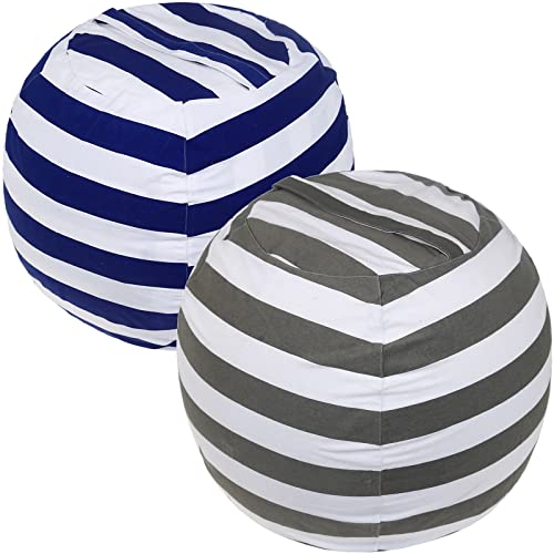 2 Packs Stuffed Animal Storage Beanbag Cover 24' Bean Bag Storage for Kids Girs Boys Room Toys Organizer Heavy-duty Zipper Bean Bag Chair Covers Only Grey Blue White Stripes Cotton Canvas