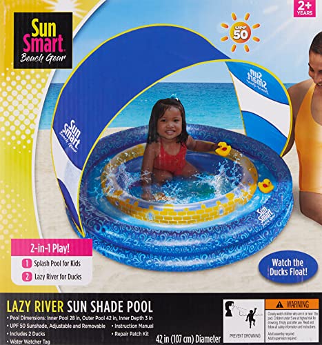 SunSmart Lazy River Kiddie Pool - Inflatable Kids Pool with 2 Toy Ducks and Removable Sunshade Canopy - Dark Blue/Yellow