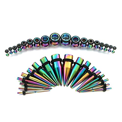 VCMART 14G-00G Rainbow Ear Gauges Stretching Kit 36 Pieces Tapers Plugs Eyelets Implant Grade Steel