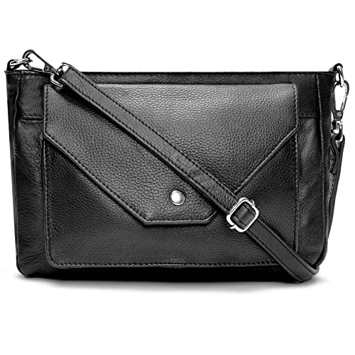 Genuine Leather Crossbody Bags for Women, Handmade Cross Shoulder Purses for Women, Adjustable Strap, Triple Zip Premium Material, Vintage - Black