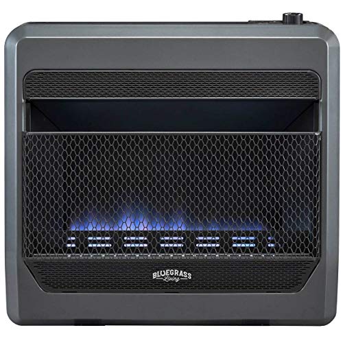 Bluegrass Living B30TNB-BB Ventless Natural Gas Blue Flame Space Heater with Thermostat Control, 30000 BTU, Heats Up to 1400 Sq. Ft., Includes Wall Mount, Base Feet, and Blower, Black