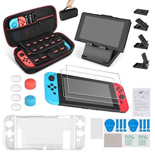Keten 13 in 1 Switch Accessories Kit, Including Travel Carrying Case, NS Switch Clear Cover Case, Adjustable Stand, Tempered Glass Screen Protector (2 Packs)