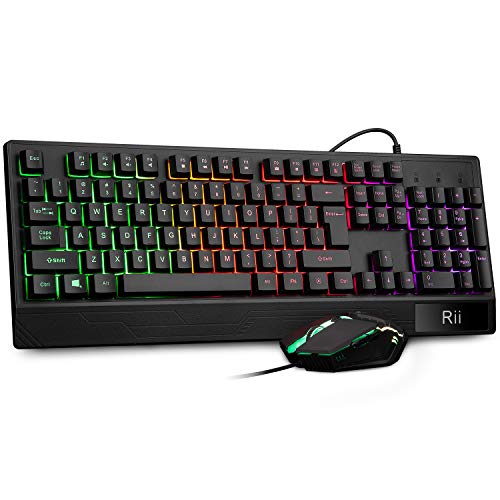 Rii RK400 RGB Gaming Keyboard and Mouse Combo ,Wired Mechanical Feel 3-LED Backlit Keyboard,104 Keys USB Ergonomic Wrist Rest Keyboard,6 Button RGB Mouse for Windows Gamer Desktop, Computer (Black)