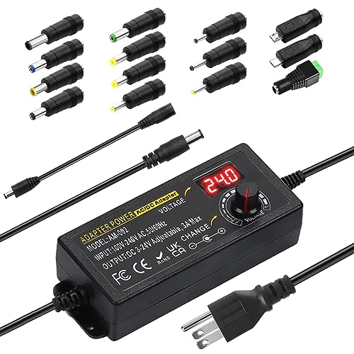 Adjustable Universal Power Supply 3V ~ 24V 3A 72W,100V-240V Switching AC/DC Adapter Converter with 5.5x2.1mm &14 Tips,9V 12V 15V 18V 20V 24V Variable Power Supply for LED Strip Light Printer Speaker