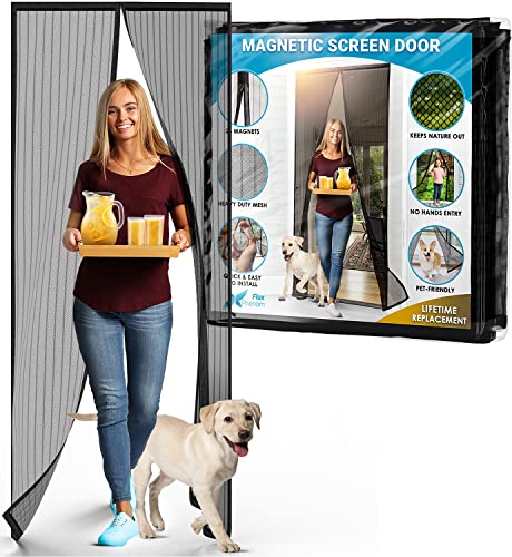FLUX Magnetic Screen Door - Self-Closing, Pet-Friendly, Keeps Bugs Out, 26 Mighty Magnets - Fits Doors Up To 38'x82', Door Screen Magnetic Closure, Patio Screen Door Mesh Partition, Magnet Screen Door