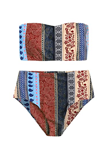 Floerns Women's Boho Two Piece High Waist Bathing Suit Bandeau Swimsuit A Multi Striped XL