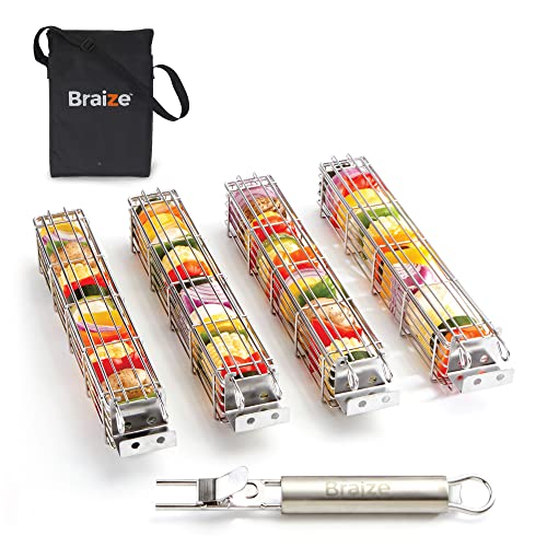 BRAIZE Large Kabob Grilling Basket Set of 4 with Removable Handle. Stainless Steel construction with a Larger Capacity (12 x 2 x 2) and secure easy-latch lid. (With storage bag)