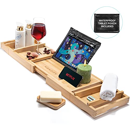 Premium Bamboo Bathtub Tray Caddy - Waterproof Tablet/Phone Case & Razor Slot - Expandable Bath Tray (up to 44in), Luxury Spa Bathtub Caddy, with Adjustable Reading Rack - Patent Pending
