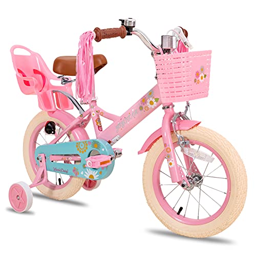 JOYSTAR Kids Bike Little Daisy 16 Inch Girls Bike with Training Wheels Doll Bike Seat Basket & Streamers Princess Kids Bicycle for Girls Toddler of 4-7 Years Toddler Girl Bikes Pink