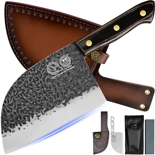 XYJ FULL TANG 7-inch Serbian Butcher Knife Multipurpose Chinese Chef Knives High Carbon Stainless Steel Meat Knives Heavy Duty Blade With Leather Sleeves For Home Outdoor &Camping