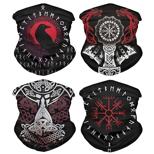 ENLACHIC Mens Womens 4PCS Viking Totem Print Balaclava Bandana Neck Gaiter Scarf Headband for Cycling Motorcycle Outdoor,4pcs-Red Viking Raven Wolf