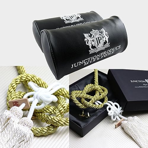 W-POWER 2PCS Junction Produce JDM Car Neck Pillow Headrest Black + VIP Charm Fusa Kiku JP Knot Kin Tsuna Rope for Rear View Mirror Decor Window Pendent Set (Black -GW)