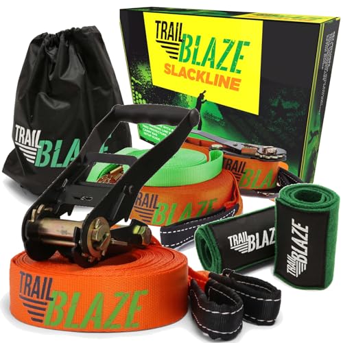 TRAILBLAZE Complete Slackline Kit with Training Line - 60 ft Slack Line Extra Long Tree Protectors Arm Trainer Ratchet Cover Outdoor Healthy Family Fun