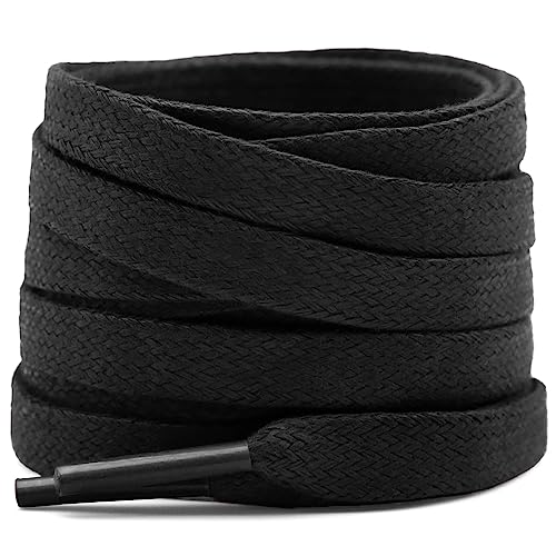 YFINE Flat Waxed Shoe Laces: Sneakers Black Shoelaces for Men&Women Boot - 2 Pair 47 Inch