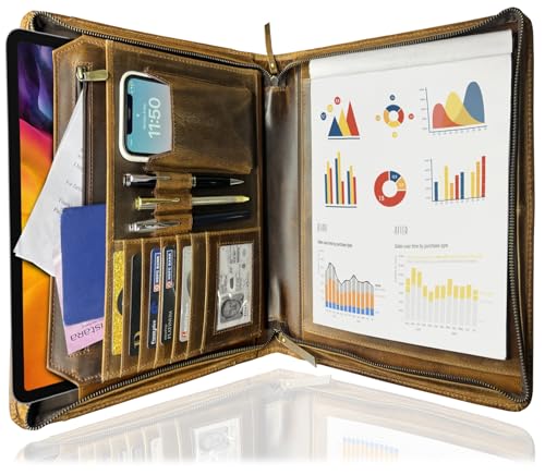 Leather Business Portfolio Padfolio | Professional Organizer Gift for Men and Women | Durable Leather Padfolio | Easy to Carry with A Zippered Closure | Many Slots, Compartments and Holders