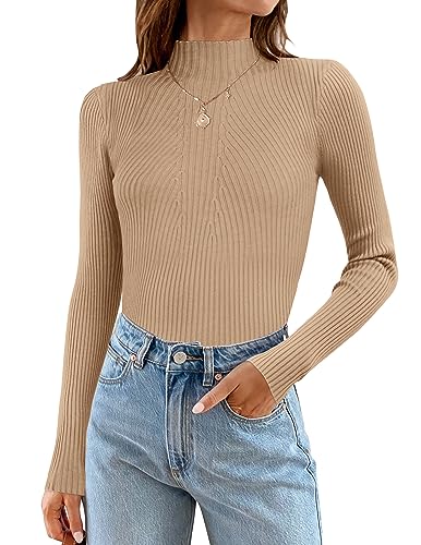 ZESICA Women's 2023 Fall Long Sleeve Turtleneck T Shirts Ribbed Knit Sweater Slim Fit Basic Casual Tee Tops,Toffee,Small