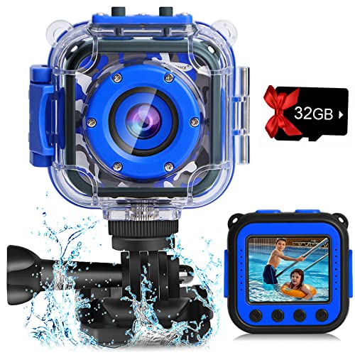 PROGRACE Kids Camera Waterproof Boys - Toy Gifts for Boy Kids Video Camera Underwater Recorder HD Kids Digital Camera Toddler Children Camcorder Age 3 4 5 6 7 8 9 10 Year Old Birthday Presents Blue