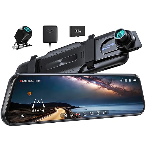 Pelsee P10 2.5K Rear View Mirror Camera, 10'' Mirror Dash Cam Smart Driving Assistant w/ADAS and BSD, Front and Rear Camera for Cars Trucks, Night Vision, Voice Control, Parking Mode, 32GB Card&GPS