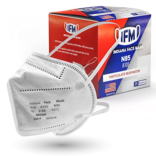 IFM INDIANA FACE MASK N95 Respirator Masks | Box of 25 | NIOSH APPROVED N95 | Made in USA | Particulate Respirator 95% | Individually Wrapped | Universal Fit | Certified Particulate Respirators