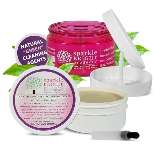 Sparkle Bright Products All-Natural Jewelry Cleaner | Starter Cleaning Kit - 4 oz. Liquid w/Dip Tray & Detail Brush & 2 oz. Tarnish Remover & Polishing Cream
