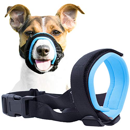 Gentle Muzzle Guard for Dogs - Prevents Biting and Unwanted Chewing Safely Secure Comfort Fit - Soft Neoprene Padding – No More Chafing – Training Guide Helps Build Bonds with Pet (S, Blue)