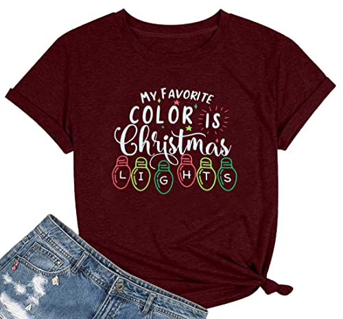 My Favorite Color is Christmas Lights Shirt Christmas Shirts for Women Xmas Gift Blouse Holiday Short Sleeve Tees Red