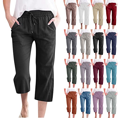 Joggers for Women Capri Pants Casual 2023 Summer Drawstring Elastic High Waist Linen Pant Straight Wide Leg Cropped Trouser