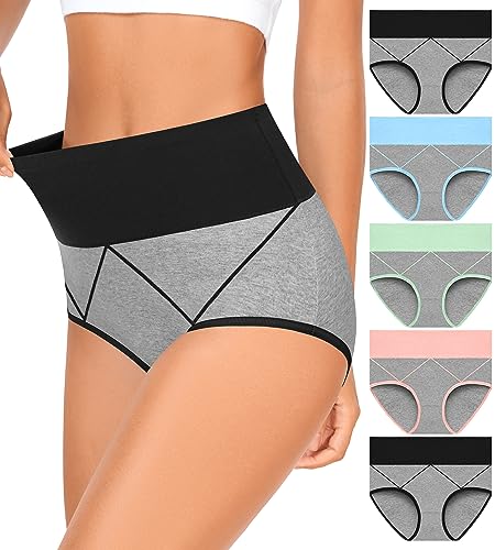 MISSWHO Womens Cotton Underwear High Waisted Full Coverage Soft Tummy Control Briefs Postpartum C Section Plus Size Ladies Panties 5-Packs Size 5, Small