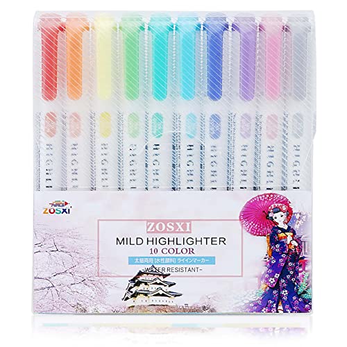 Zosxi Highlighters Double Ended Mild 18 color Highlighters Fluorescent Marker pen for Coloring Underlining Highlighting Broad and Fine Tips Assorted 18 Colors set (10-Pack Flourescent)