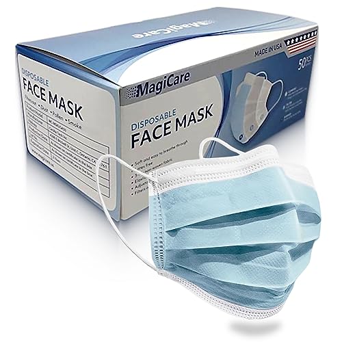 MagiCare Made in USA Masks - Blue Disposable Face Masks - Medical Grade (ASTM Level 1) - Premium 3 Ply Face Mask for Adults - Comfortable, Soft, Breathable - Face Mask American Made, 50ct Box