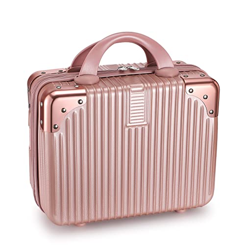 Noverlife Portable Makeup Travel Case Hand Luggage 12 Inch, Pressure-proof ABS Carrying Makeup Case Suitcase with Elastic Band, Small Hard Shell Cosmetic Case for Travel Camping Women Girl - Rose Gold