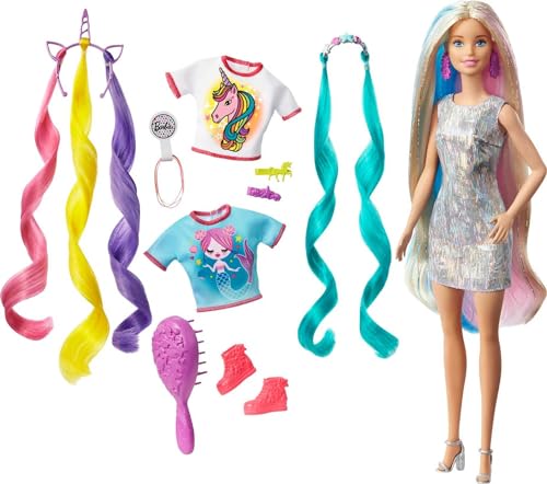 Barbie Fantasy Hair Doll, Blonde, with 2 Decorated Crowns, 2 Tops & Accessories for Mermaid and Unicorn Looks, Plus Hairstyling Pieces, for Kids 3 to 7 Years Old