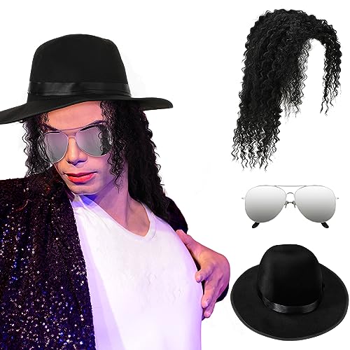 Mepase Halloween Pop Costume Include Imitation Long Natural Black Curly Ponytail Wigs Black Hat Retro Sunglasses for Boys Men Adult Party Cosplay
