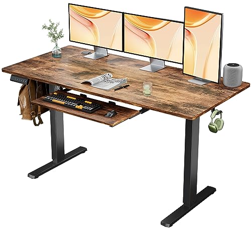Standing Desk with Keyboard Tray, 55 x 24 Inches Electric Standing Desk Adjustable Height with 3 Memory Presets, Ergonomic Adjustable Desk Stand Up Desk Computer Desk Home Office, Rustic Brown