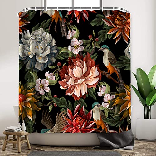 Black Boho Floral Shower Curtain Unique Colorful Bohemian Mandala Beautiful Flower Leaves Shower Curtain for Bathroom Cute Spring Bright Blossom Modern Aesthetic Shower Curtain Sets with Hooks