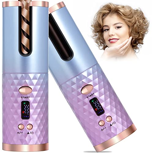 Automatic Curling Iron, Ombsyej Cordless Auto Hair Curler Ceramic Rotating Hair Curler with 6 Temps & Timers, LCD Display USB Rechargeable Curling Wand, Fast Heating Iron for Styling
