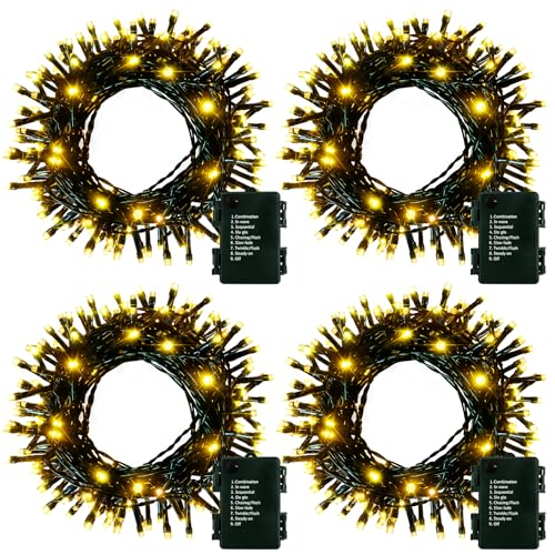 4 Pack- Battery Operated Outdoor Christmas Tree String Lights with 50 Warm White LEDs on 16.5ft/5m of Dark Green Cable,Ambiance Lighting for Bedroom Patio Garden Gate Yard Parties Wedding Decoration