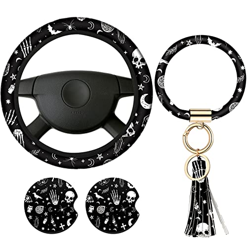 4 Pieces Black Moons White Stars Print Car Accessories Set Black Moons White Stars Steering Wheel Cover with 2 Pieces Car Cup Holder and Leather Keyring for Car Truck SUV (Horror Pattern)