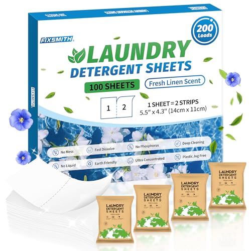 FIXSMITH Laundry Detergent Sheets - 200 Loads (100 Sheets) Fresh Linen Scent - Hypoallergenic,Eco Friendly Laundry Detergent Strips Ultra-Concentrated Travel Detergent Sheets.Plastic-Free,Liquidless