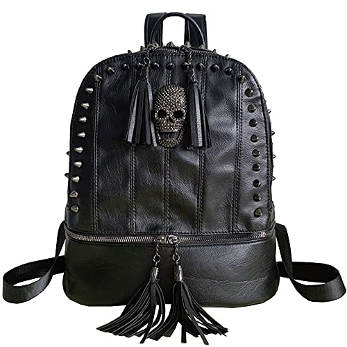 AlwaySky Women Skull Backpack Rivet Studded Fashion Daypack Gothic Purse Tassel Zipper (Slivet Round Rivet)